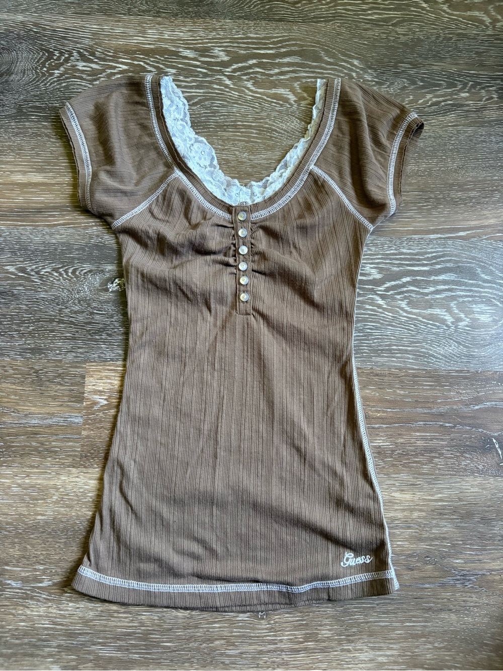 Guess Y2K Vintage Rib Lace-Trim Henley Tee